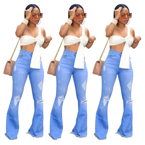 

women's pure cotton high elastic fabric hole blown yarn jeans loose trousers women's jeans fashion comfortable, Blue
