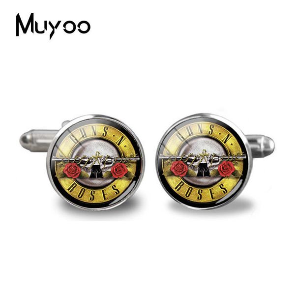 

2019 new fashion guns n roses cufflinks rock and roll band glass image cuffs handmade mens jewelry shirt cufflink accessory, Silver