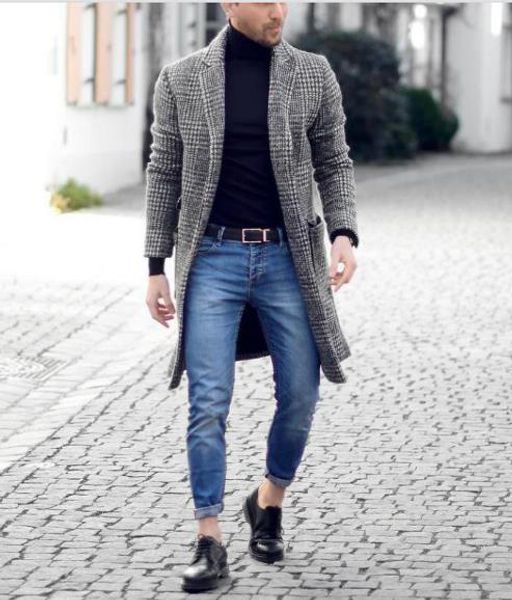 

men designer plaid coats casual warm cardigan coats fashion winter long wool coats manteaux pour hommes, Black