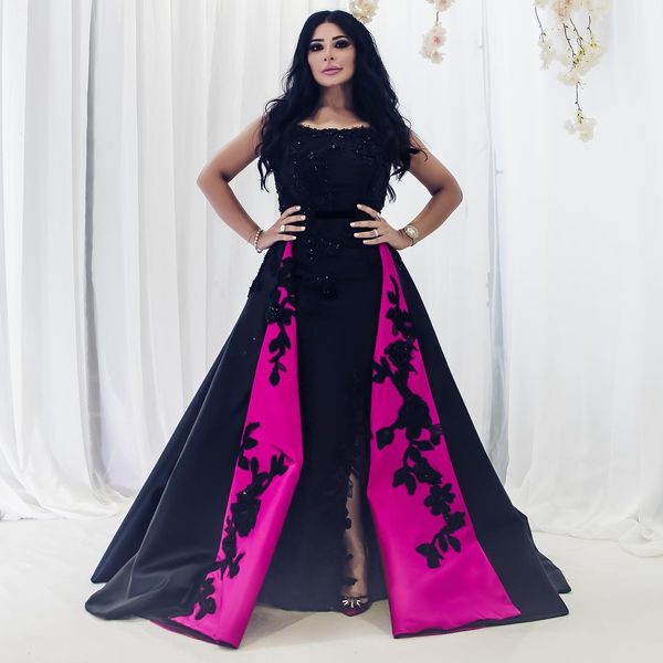 

black arabic a line overskirt evening dresses with detachable train bateau neck beaded plus size prom gowns satin side split formal dress, Black;red