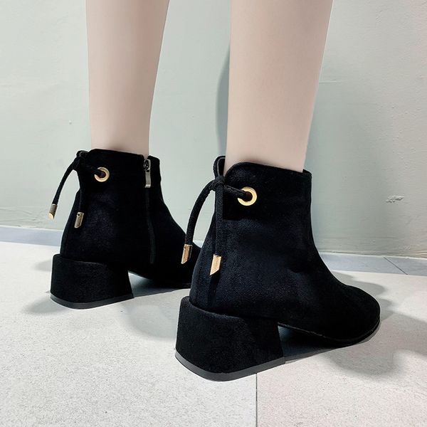 

woman flat boots lace up shoes mid-calf booties women winter footwear round toe boots-women luxury designer low short ladies mid, Black