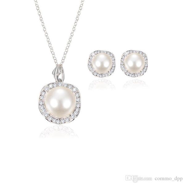 

women wedding pearl pendant necklace stud earrings set for ladies crystal faux fake pearl jewelry bride bridesmaid engagement gift, Silver