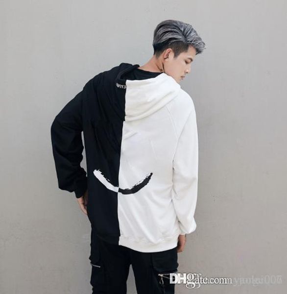 

a11 2019 весна высокое качество граффити улыбка демон черно-белый шить свитер хип-хоп хип-хоп свободные горячие толстовка куртка, Black