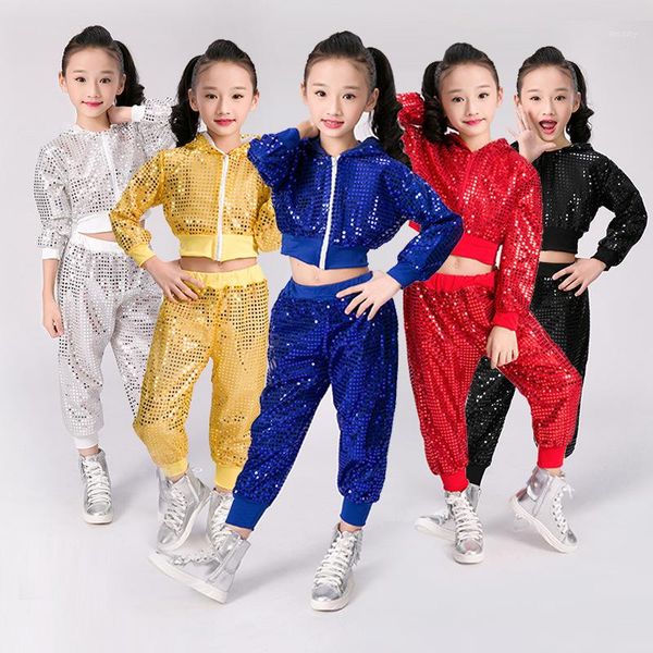 

children girls dance costumes for jazz performance wear long sleeves sequins coat+pants 2 pieces 5 colors hip hop dance costume1, Black;red