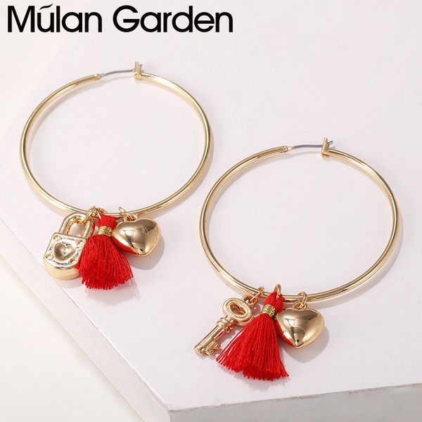 

m&g red tassel hoop earrings for women gold lock heart pendant fashion earring hoops jewelry big gold ear rins gift new, Golden;silver