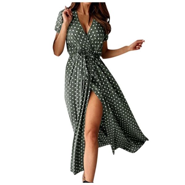 

jaycosin womens deep v neck maxi dress women's summer v neck short sleeve wrap front polka dot lace up flowy dress split, Black;gray