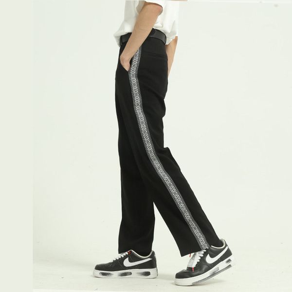 

мужчины side сращивания повседневный костюм pant мужской streetstyle ретро мода сыпучие широкие ноги брюки япония корея уличная брюки прямые, Black