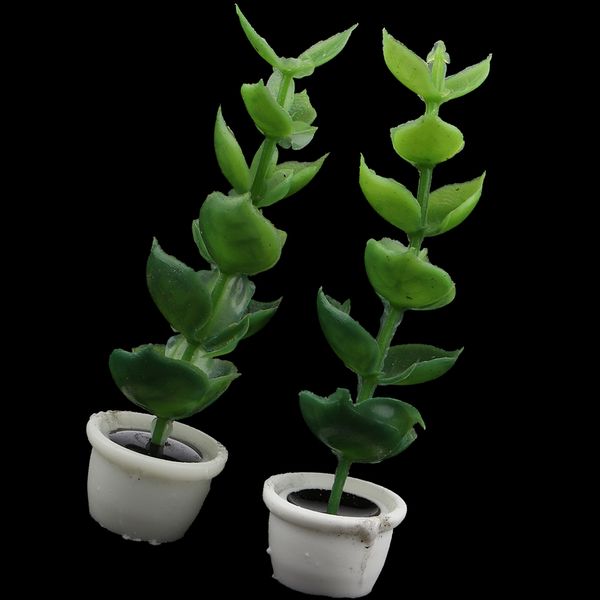 

2 pieces mini artificial green plant in white pot, for 1:12 dollhouse garden decor