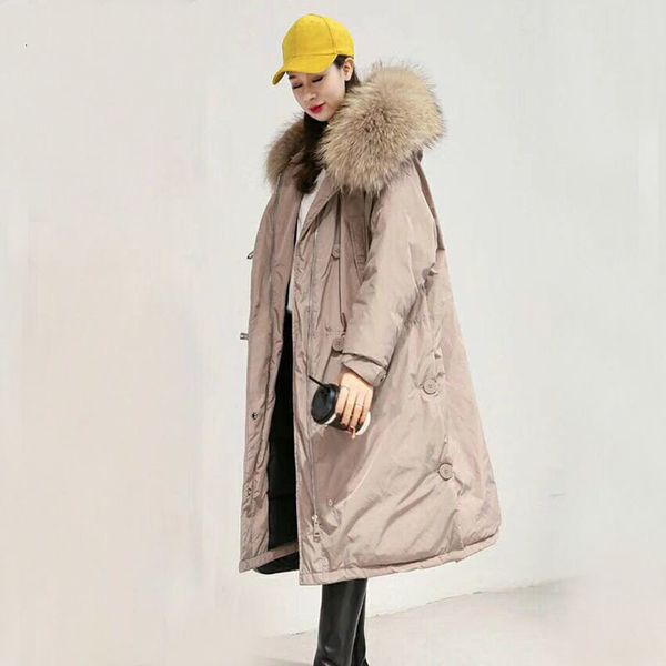 

2020 new winter jacket women white duck down jacket long down parkas loose female coat large real raccoon fur hooded warm jacket, Black