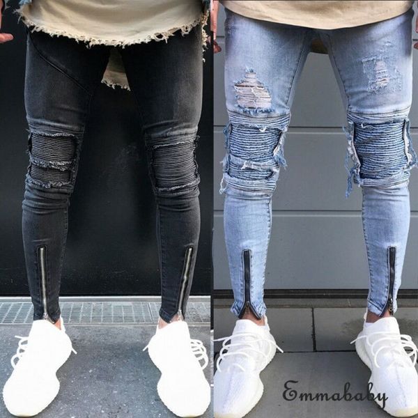 

мужские стильные рваные джинсы denim брюки straight дистресс-изношенные biker брюки, Blue