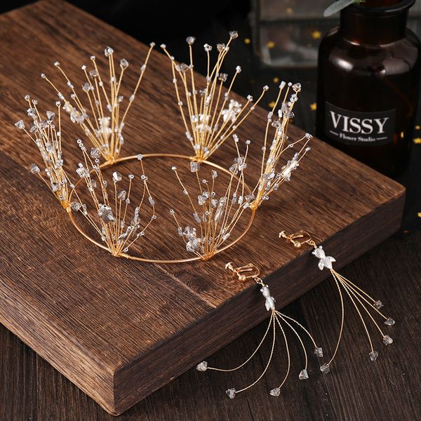 

fashion gold round crown crystal queen diadem with earrings women hair jewelry handmade wedding bridal hair accessories, Golden;white
