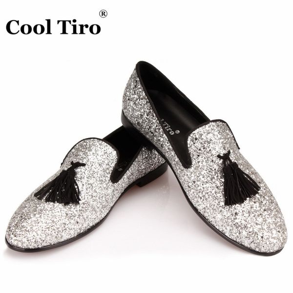 

cool tiro silver sequins glitter tassels loafers men dress shoes smoking slippers men's moccasins casual shoes wedding flats, Black