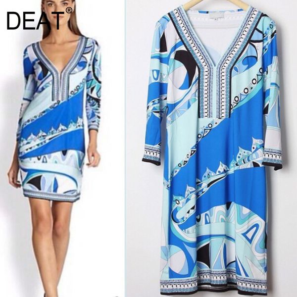 

deat] 2020 bohemia knit high end seven sleeve v collar print high waist slim fit elastic dress women new summer fashion am107, Black;gray