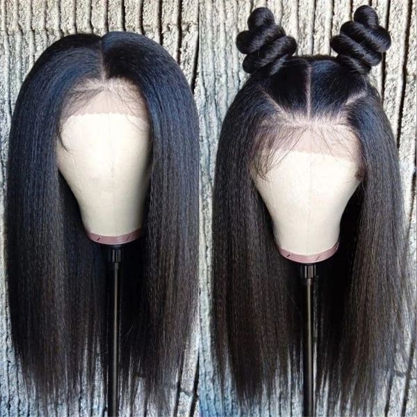 

yaki straight 13x6 lace front human hair wigs smooth and soft coarse yaki pre plucked full lace wig no glue for black women, Black;brown