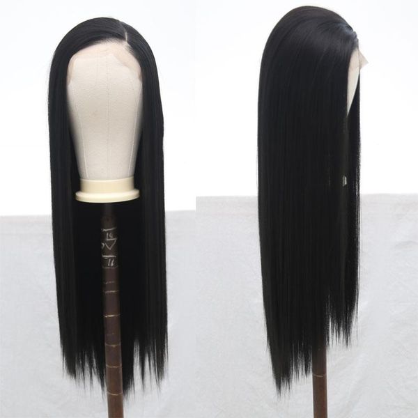 

13*6 large lace synthetic lace front wig straight heat resistant fiber hair natural hairline side parting for women, Black