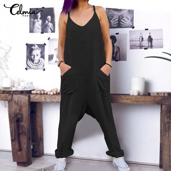 

plus size overalls celmia women vintage drop-crotch jumpsuits 2019 summer sleeveless rompers cotton linen playsuits casual pants, Black;white