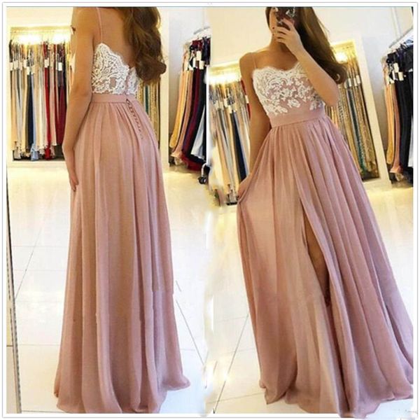 

spaghetti straps chiffon a line long prom dresses lace applique split floor length formal party evening party gowns, Black