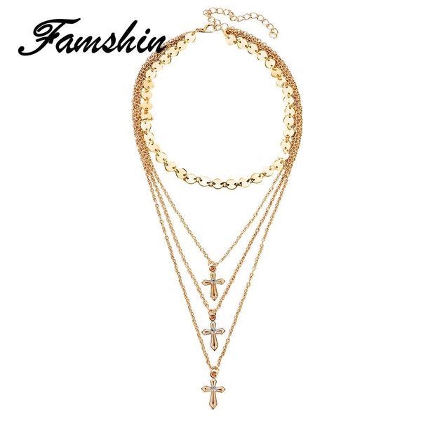 

famshin bohemian sequins necklaces for women vintage coin choker cross layered necklace femme colares statement party jewelry, Silver
