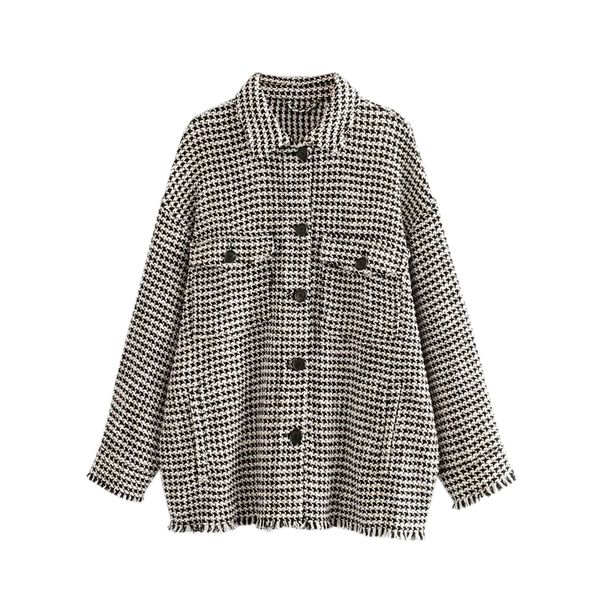 

women plaid oversized tweed jacket tassels pockets loose style long sleeve outwear warm coat ffzwt56, Black