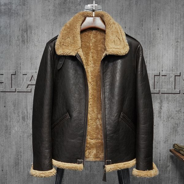 

pilots coat men's shearling sheepskin jacket men's fur coat aviation leathercraft flying jacket, Black