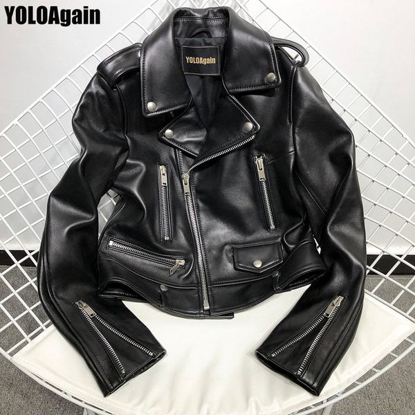 

yoloagain women genuine leather jacket ladies classic black real sheepskin leather jacket