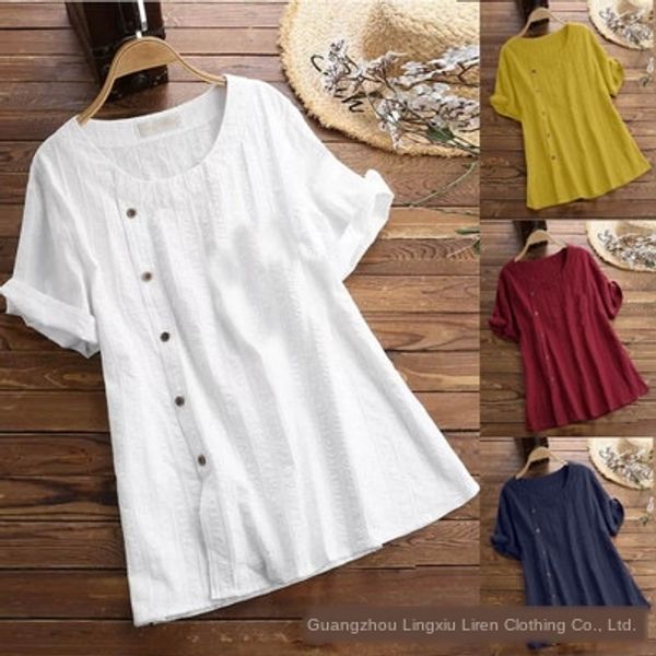 

2020 women's stitching casual and t-shirt cotton linen cotton linen solid color loose round collar short sleeve t-shirt top, White