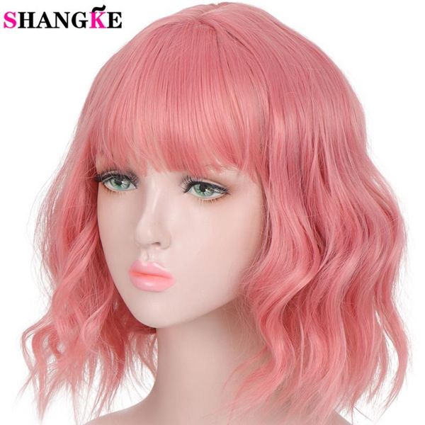 

shangke pink wig lolita short bob wig with bangs cosplay water wave hair wigs for women american style synthetic, Black