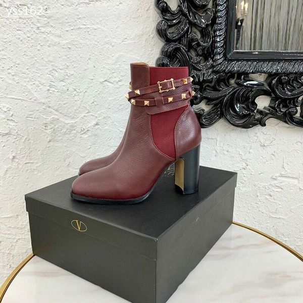 

british style 2019 autumn new thick heel rivet leather high heel women boots fashion short boots retro calfskin booties martin boots, Black