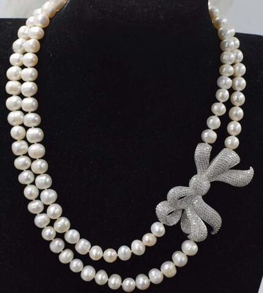 

2 rows of freshwater pearls white round round 8-9mm necklace 17-18 inches fppj beads wholesale nature, Silver