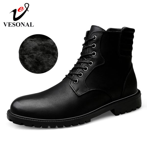 

vesonal 2019 winter quality genuine leather keep warm short plush work boots shoes for male fashion high shoes, Black