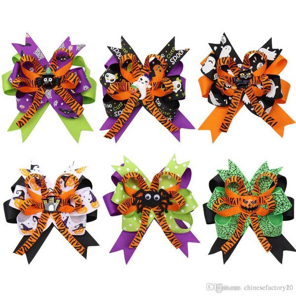 

4.5 inch baby halloween grosgrain ribbon bows with clip girls kids ghost pumpkin baby girl pinwheel hair clips hair pin accessories barrette, Slivery;white