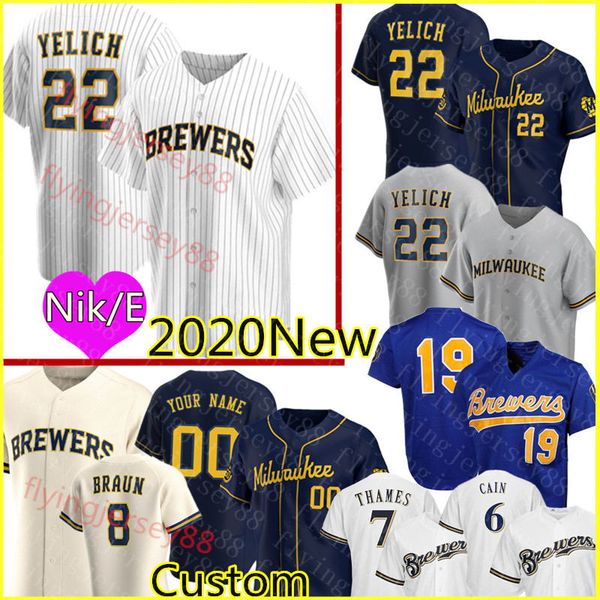 

22 christian yelich 2020 custom men's jersey ryan braun robin yount lorenzo cain eric thames travis shaw jonathan lucroy baseball, Blue;black