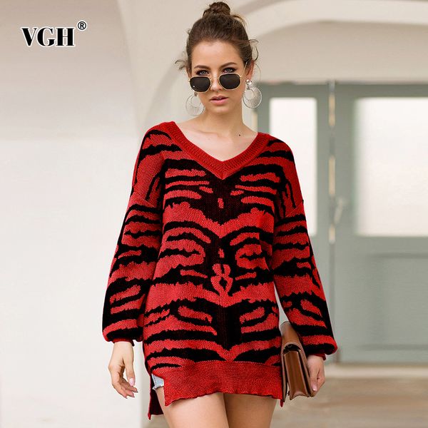 

vgh print hit color sweaters for women v neck lantern sleeves loose knitting pullover casual sweater female autumn fashion 2019, White;black