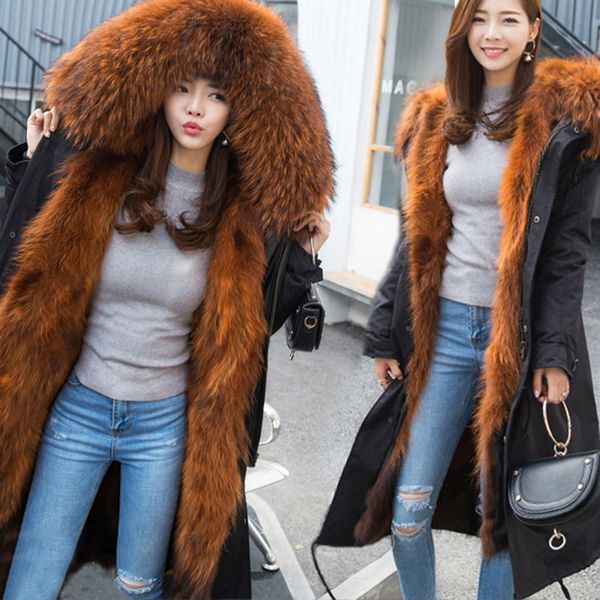 

winter coat women 2019 parkas natural fur jacket big raccoon fur collar hood long parka outerwear 3 in 1 brand casual new, Black