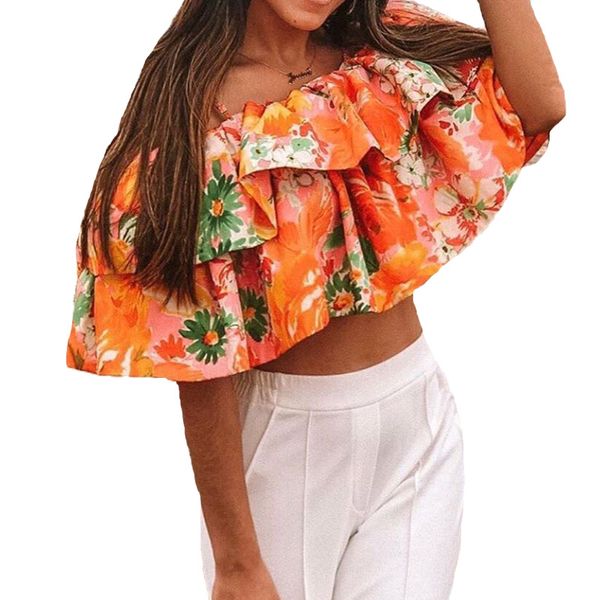 

summer 2019 casual printing womens clothing off shoulder orange crop, White
