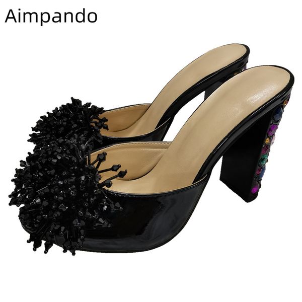 

chic 2020 beading crystal tassels slippers women colorful rhinestone chunky heel open toe jeweled high heel shoes woman, Black