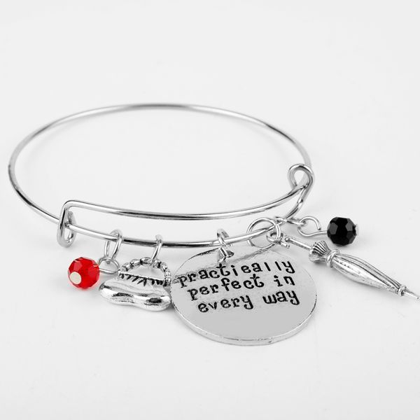 

mary poppins bangle bracelet"practically perfect in every day"hand stamped letter bracelet the handbag umbrella crystals charms, Black
