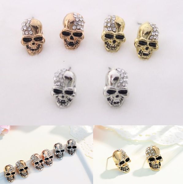 

fashion creative holloween skull earrings zinc alloy metal shiny skull studs with diamond holloween party jewelry gifts, Golden;silver