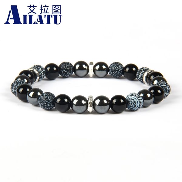 

ailatu jewelry wholesale 8mm mix colors weathering onyx and black onyx stone beaded bracelet for men, Golden;silver