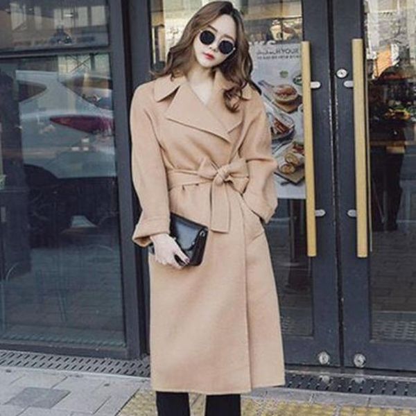 

autumn winter women coat wide lapel belt wool coat oversize women long belted wool blends coat, Black