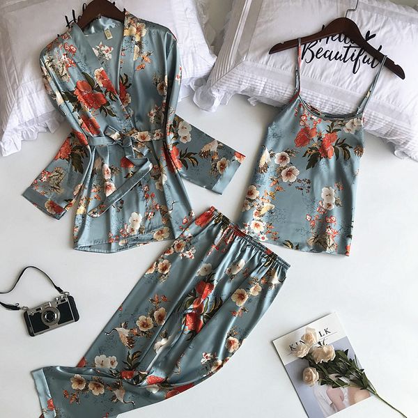 

pajama set 3 piece printing flower nightwear pijama home suit women lingerie kimono femme satin pajamas pjs women bath robe, Black;red