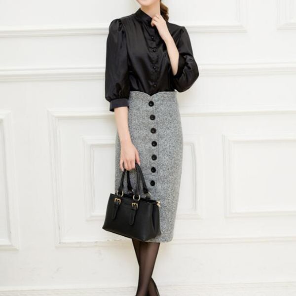 

2019 women high waist knee length pencil skirt female woolen single breasted midi saia s- dv810, Black