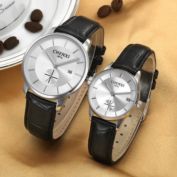 

chenxi brand quartz watch lovers watches women men couple dress leather calendar wristwatches fashion casual gift watches 067a, Slivery;brown