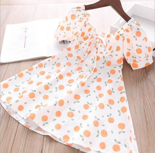 

2020 summer girls fruit print bow tie cotton causal dresses kids dress for girl children clothes wholesale, Red;yellow