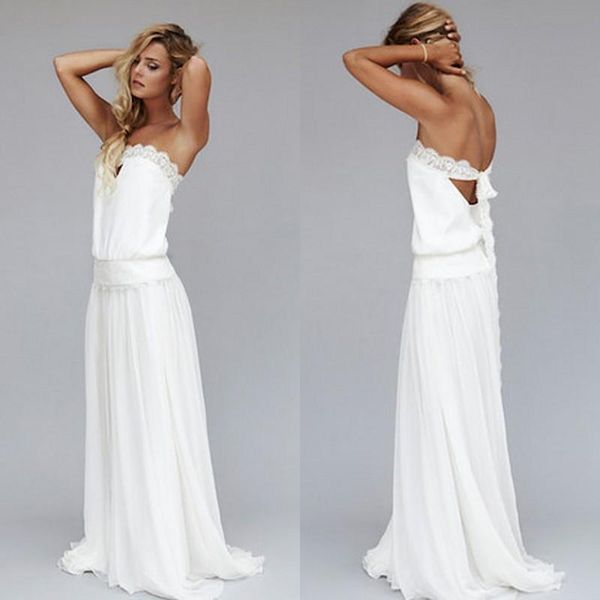 

2019 new pattern boho wedding dresses vintage 1920s strapless neck drop waist bowtie back beach bridal gowns cheap, White