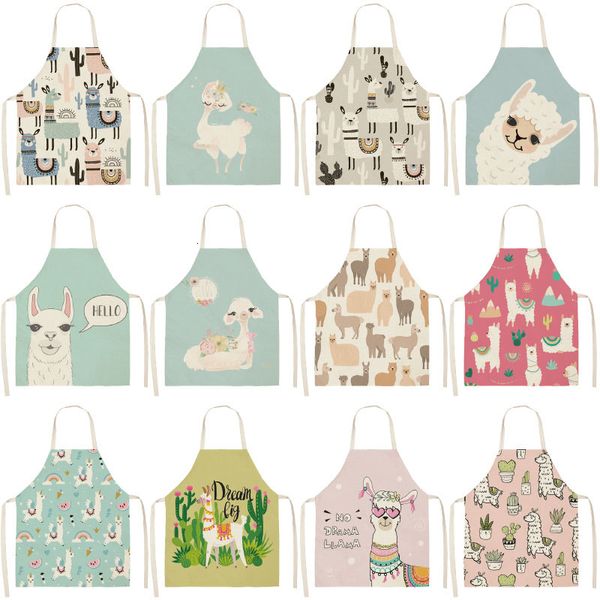 

1pc alpaca cotton sleeveless aprons cactus linen printed kitchen women pinafore home cooking baking waist bib 53*65cm wql0149