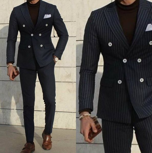 Şerit Erkek Slim Fit Smokin Suits düğün parça ceket pantolon tasarımları Düğün Mens Için Suits Örgün Balo Giyim Iki Adet (Ceket + Pantolon)