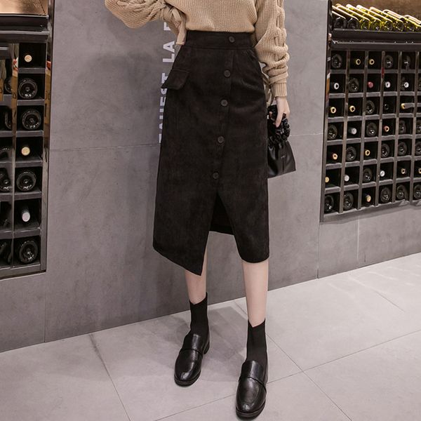

autumn winter new office ladies corduroy skirts female long retro high waist a-line corduroy split skirts black simple