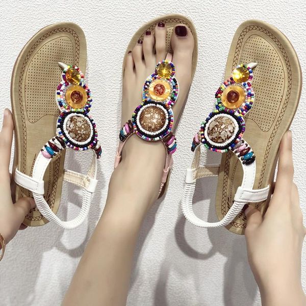 

bohemian beach shoes sandals women ladies string bead casual flat shoes breathable elastic band flip flops ladies summer sandals, Black