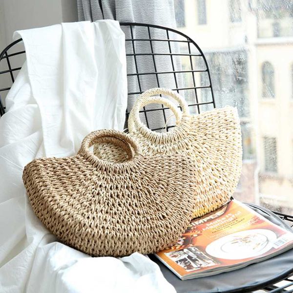 

straw woven women's shoulder bags handmade straw beach bag women round handle handbags hand-woven straw's messeng bags 2020 new